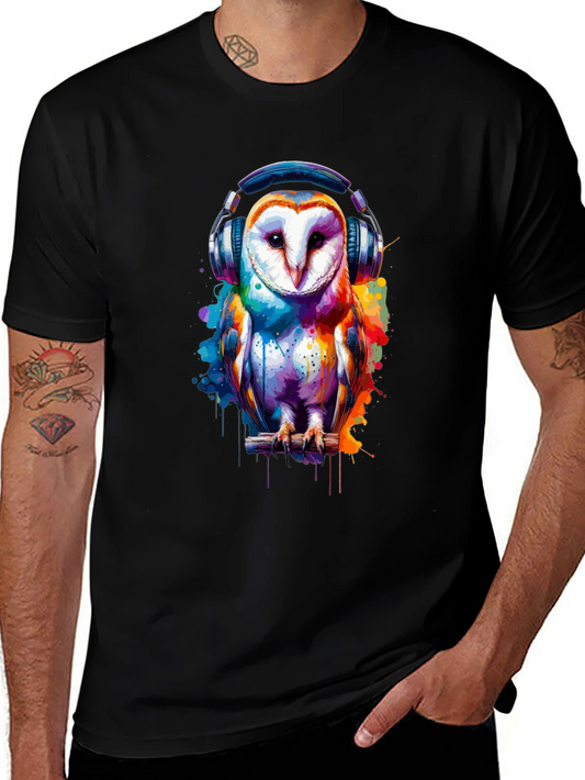 Owl with Headphones Graphic T-Shirt - Black