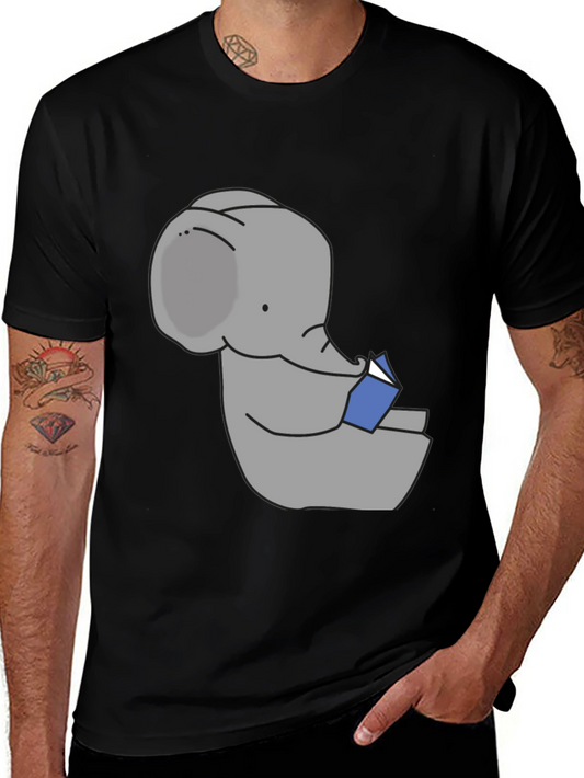 Elephant Reading Book Graphic Tee - Black Cotton Casual T-Shirt