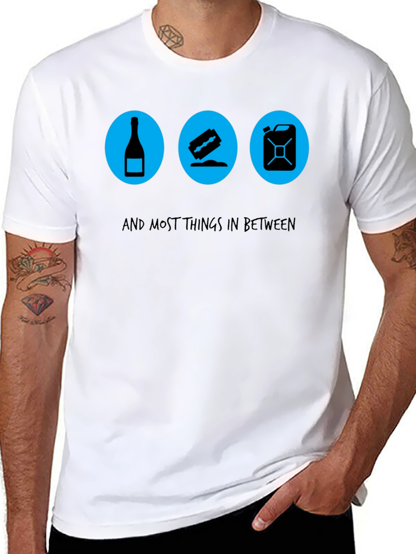 Humorous Graphic Tee: Booze Blades and Fuel