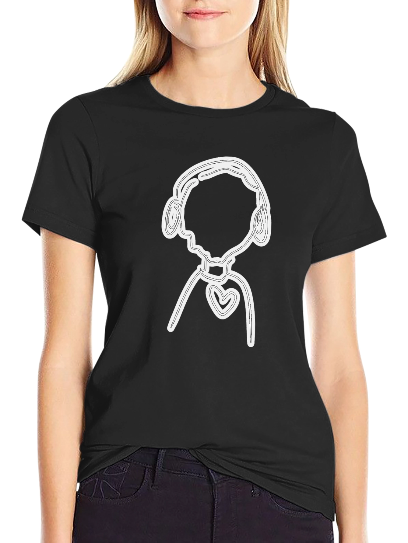 Black T-Shirt with Abstract Heart & Headphones Graphic