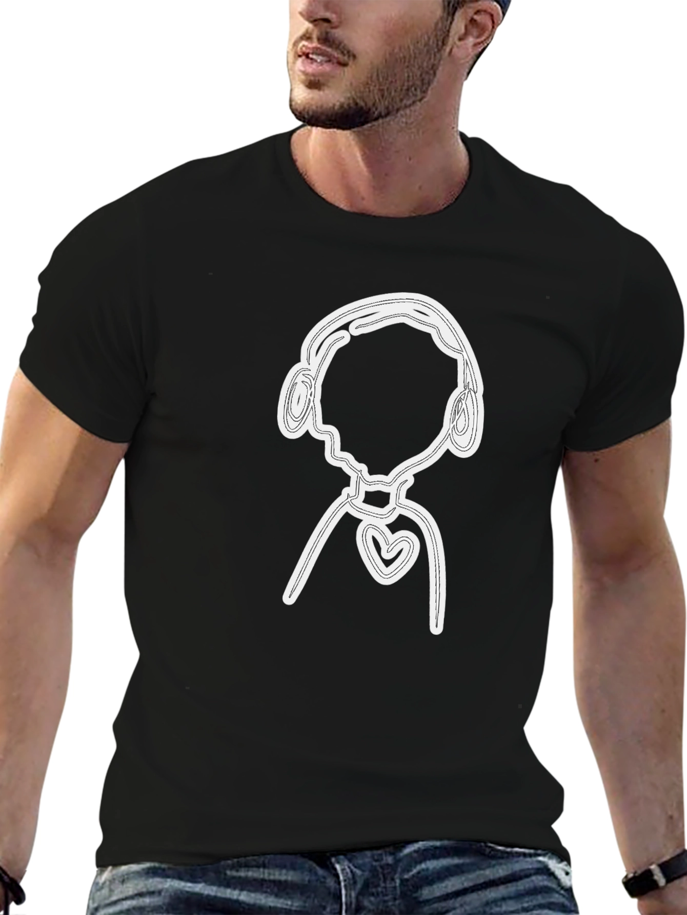 Black T-Shirt with Abstract Heart & Headphones Graphic