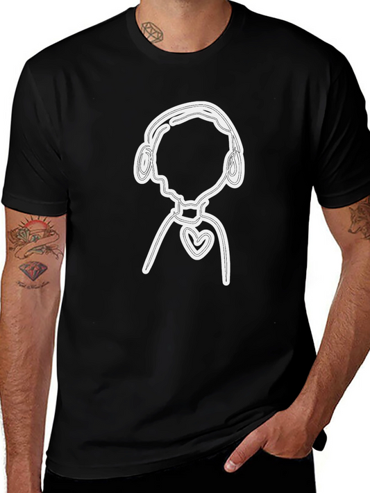 Black T-Shirt with Abstract Heart & Headphones Graphic