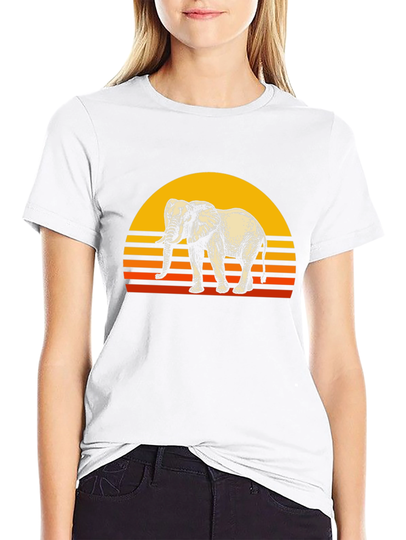 Retro Elephant Sunset Graphic Tee - Black Cotton