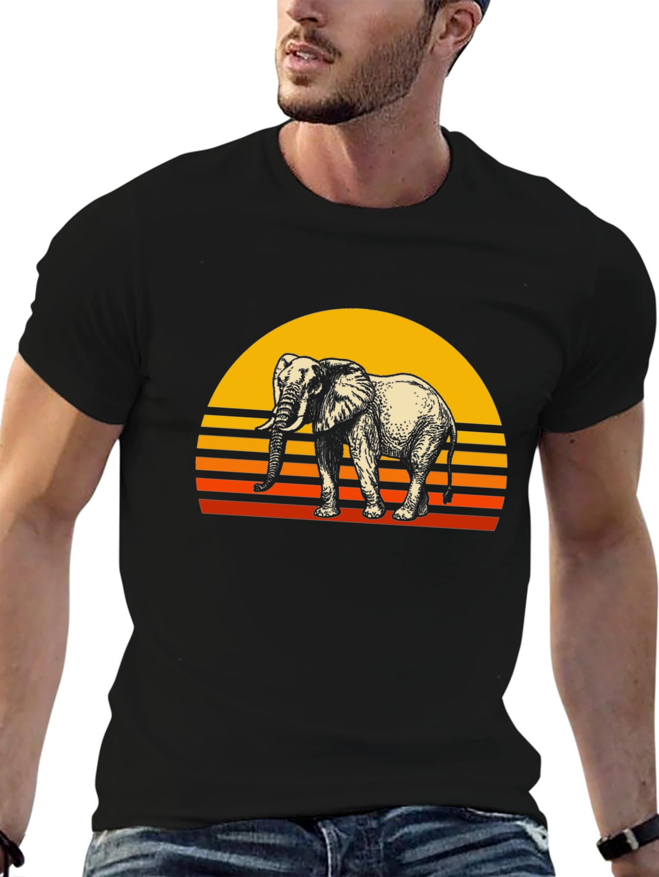 Retro Elephant Sunset Graphic Tee - Black Cotton