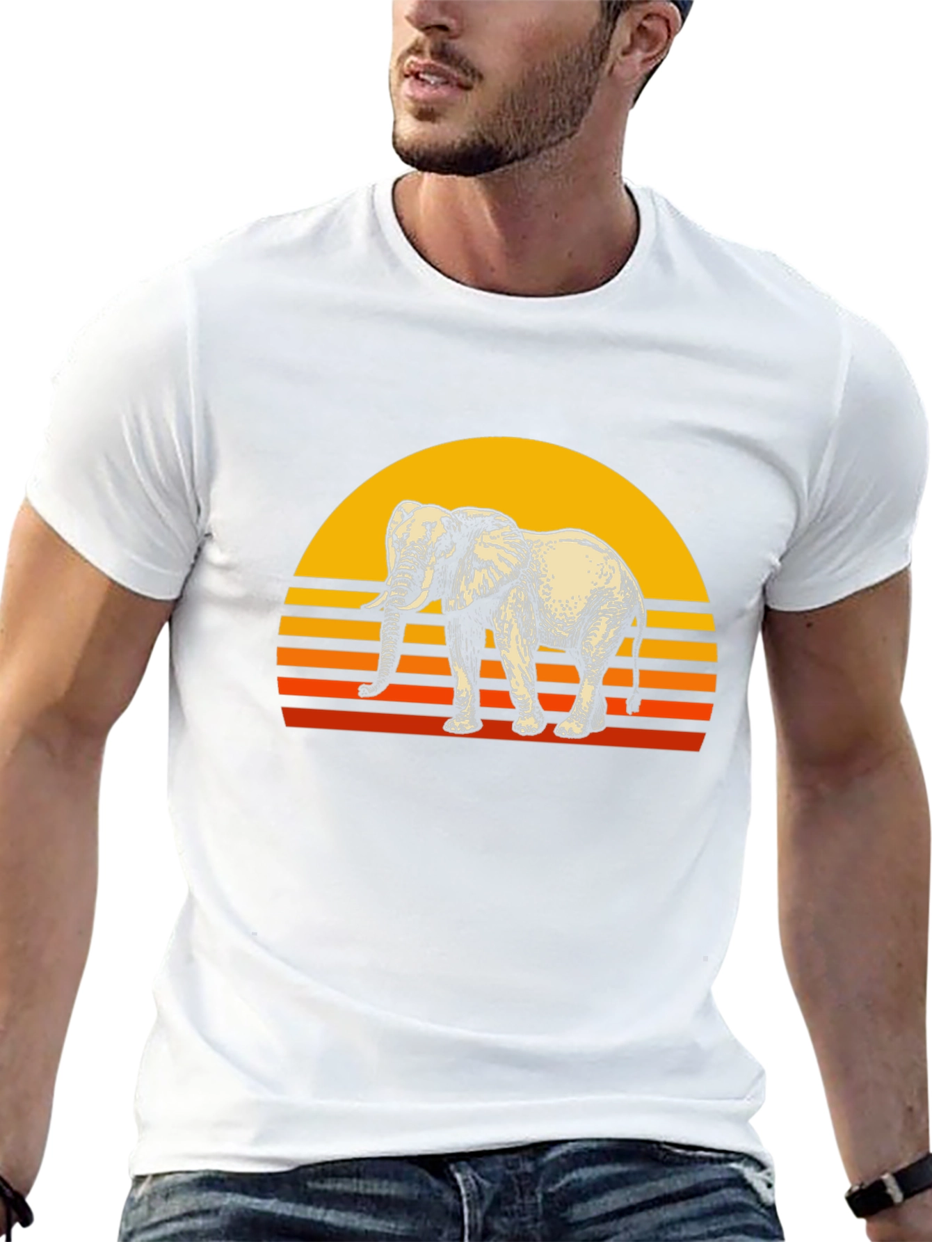 Retro Elephant Sunset Graphic Tee - Black Cotton