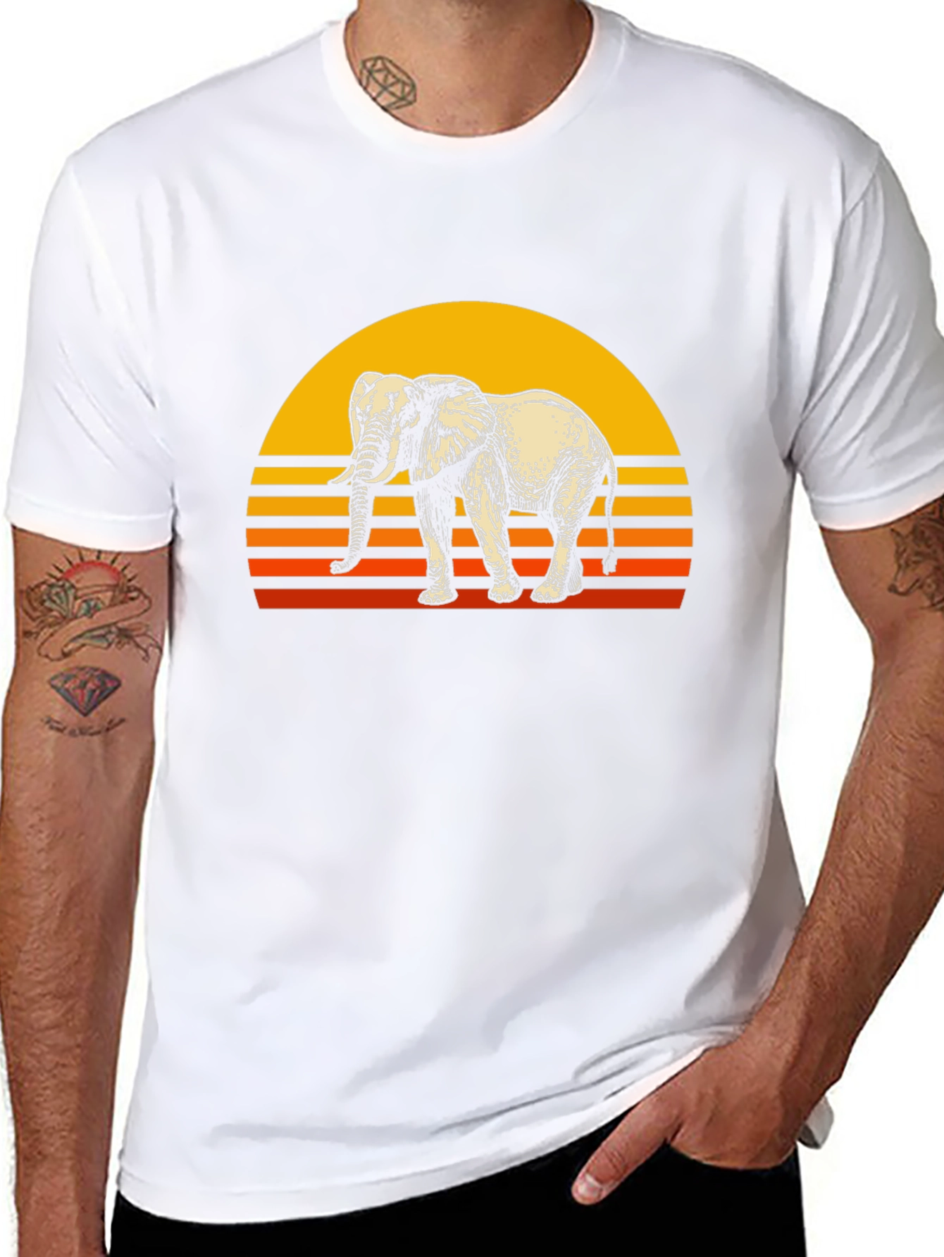 Retro Elephant Sunset Graphic Tee - Black Cotton