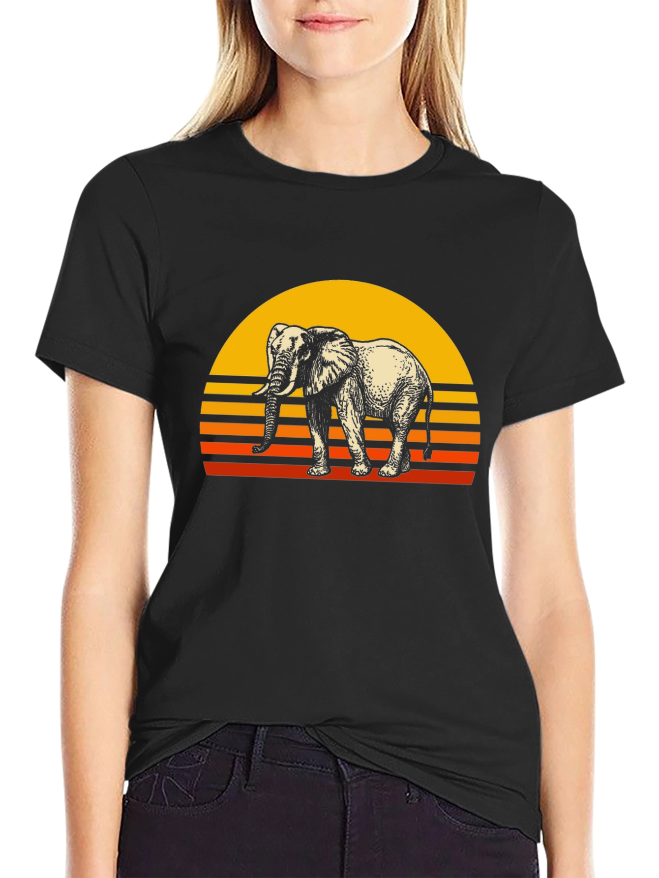 Retro Elephant Sunset Graphic Tee - Black Cotton