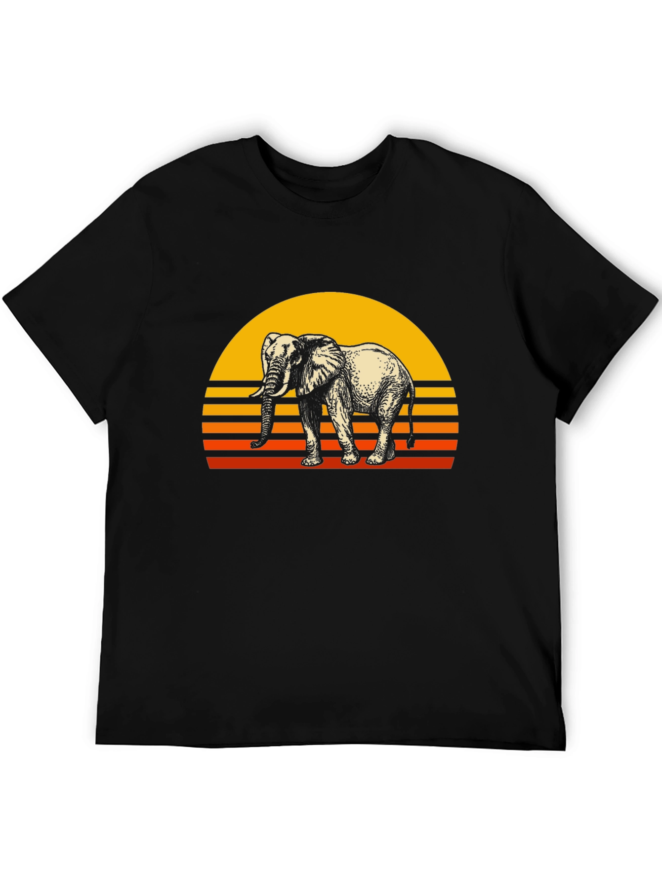 Retro Elephant Sunset Graphic Tee - Black Cotton