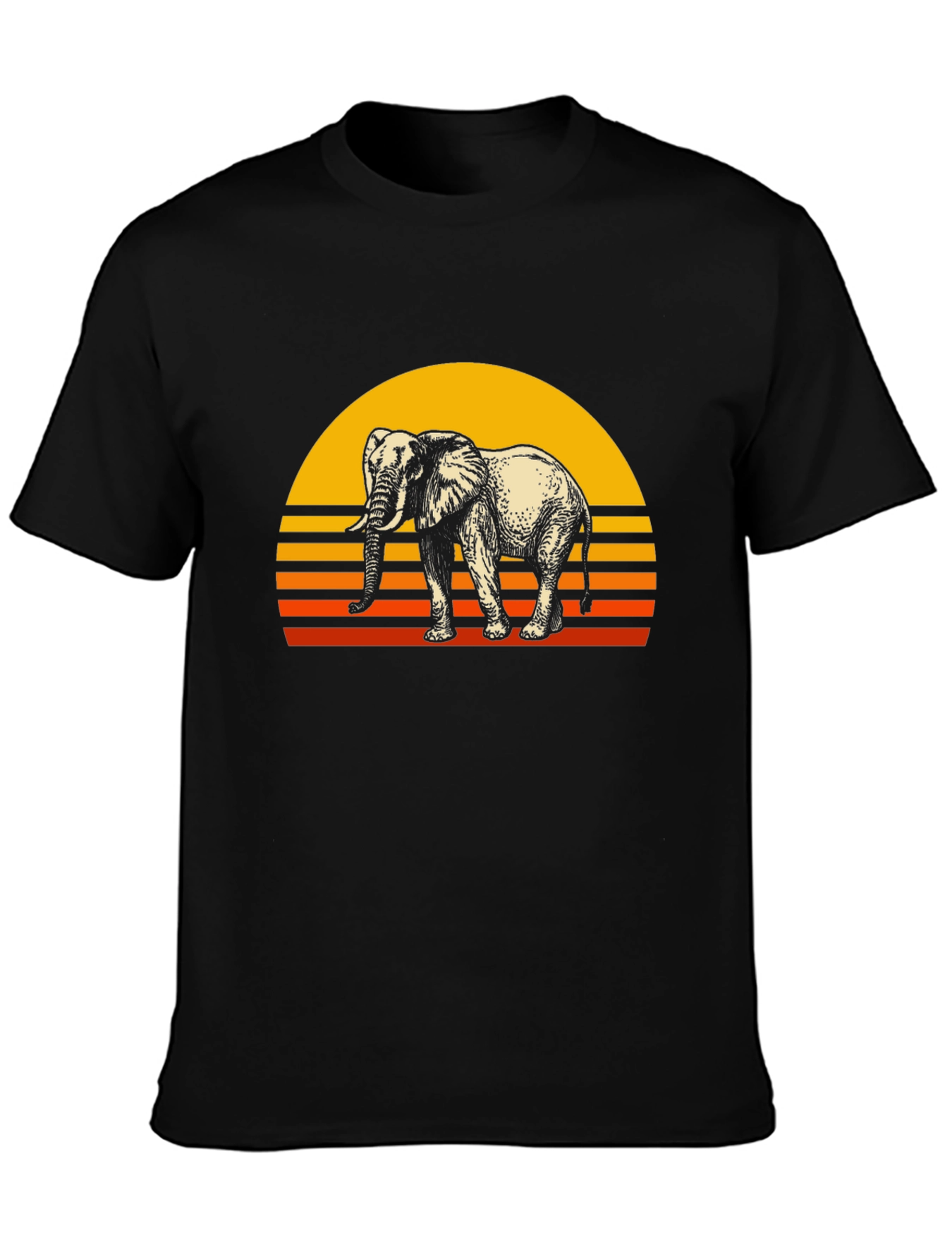 Retro Elephant Sunset Graphic Tee - Black Cotton