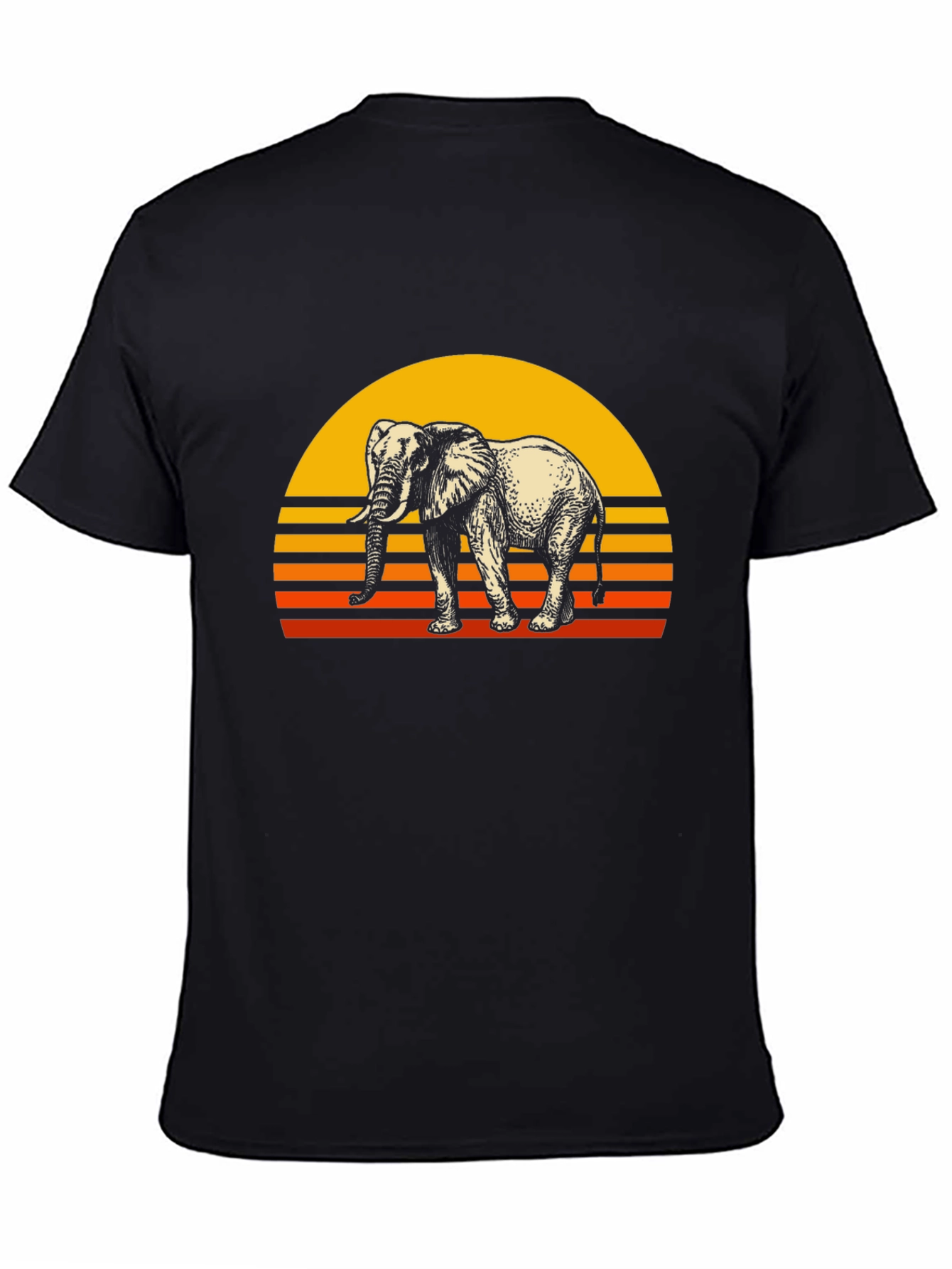 Retro Elephant Sunset Graphic Tee - Black Cotton