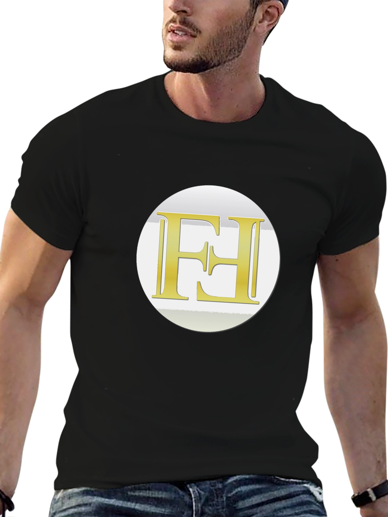 Modern Black Tee with Gold Logo Graphic
