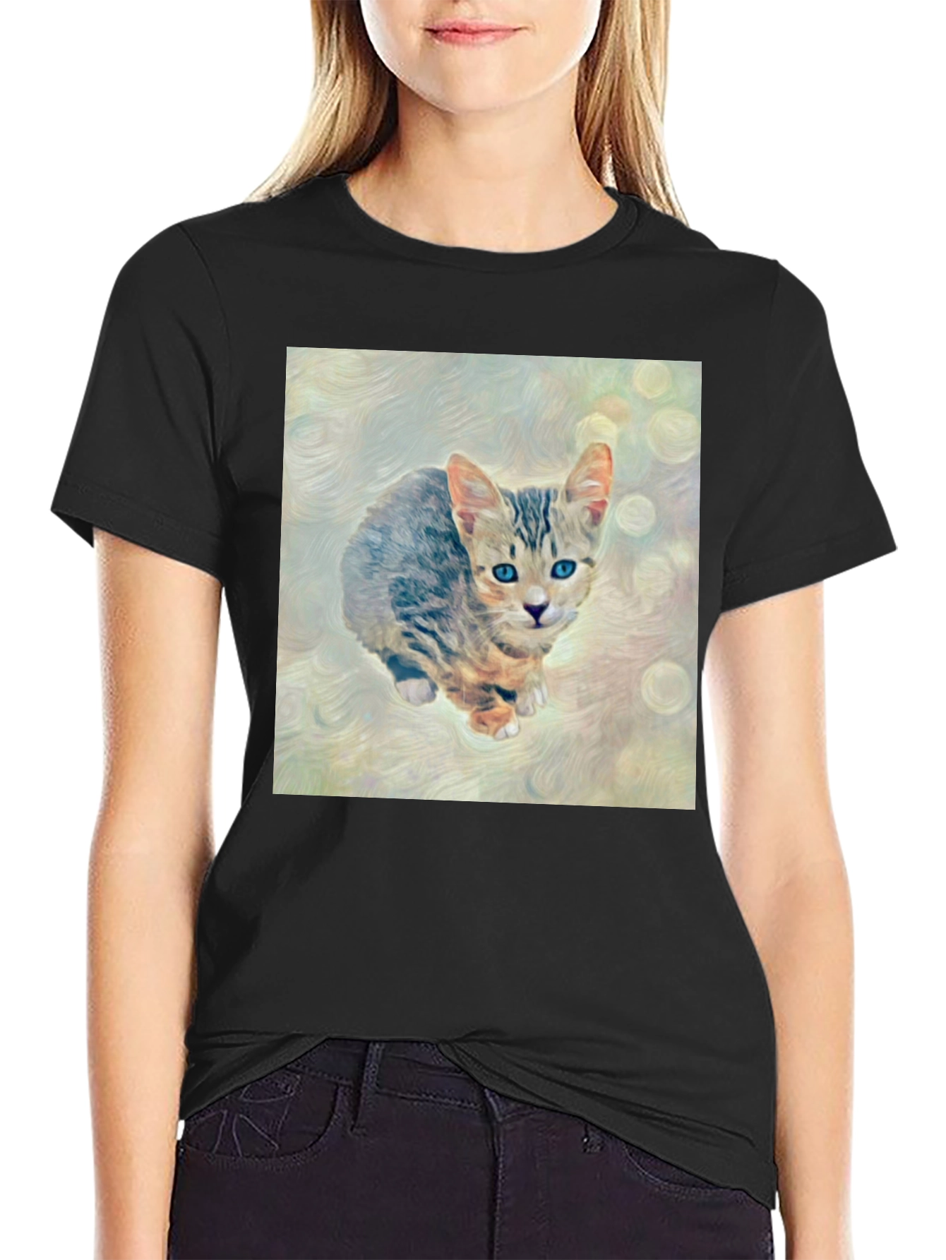 Cute Kitten Art Graphic Black T-Shirt