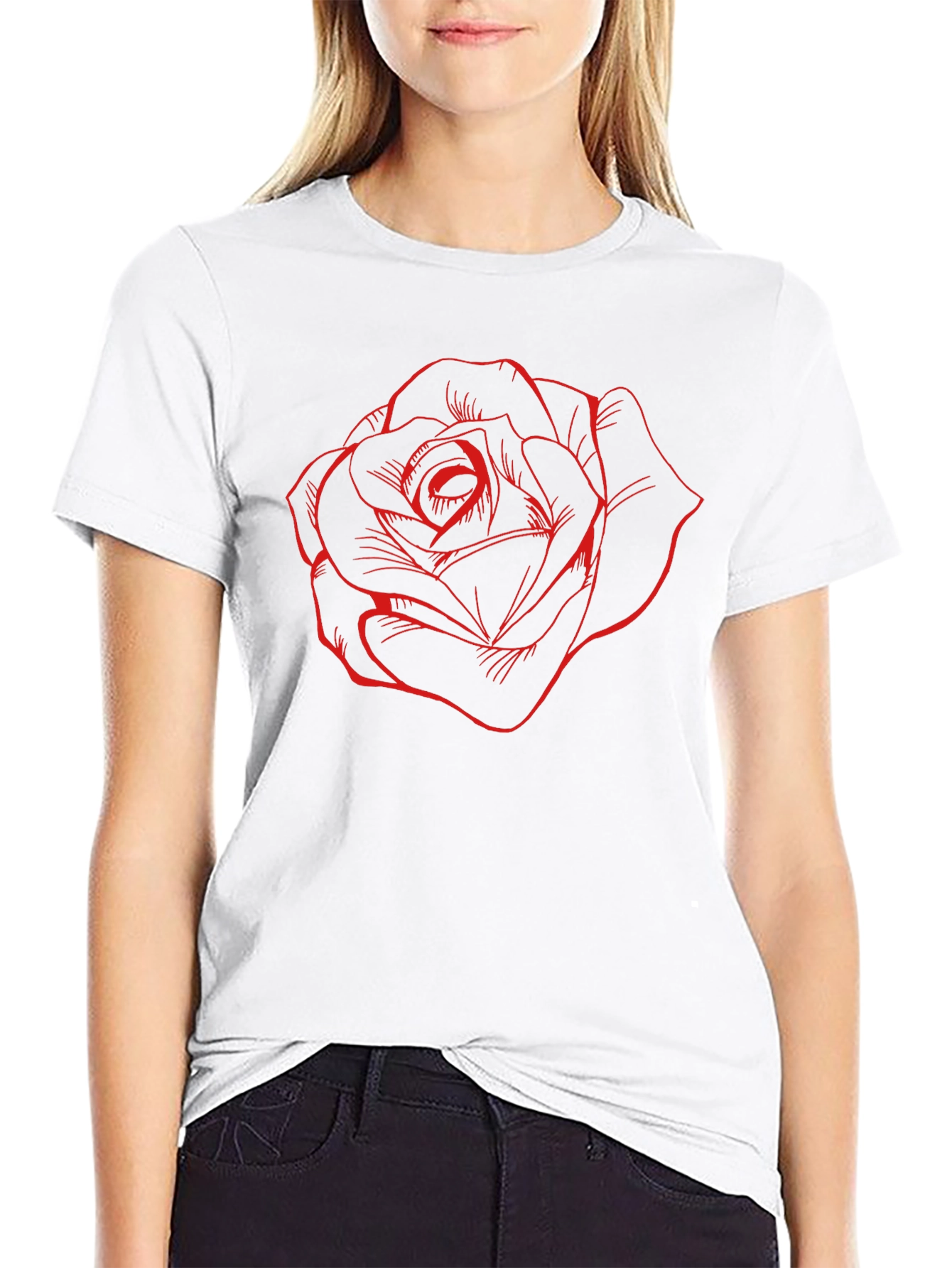 Black T-Shirt with Red Rose Design