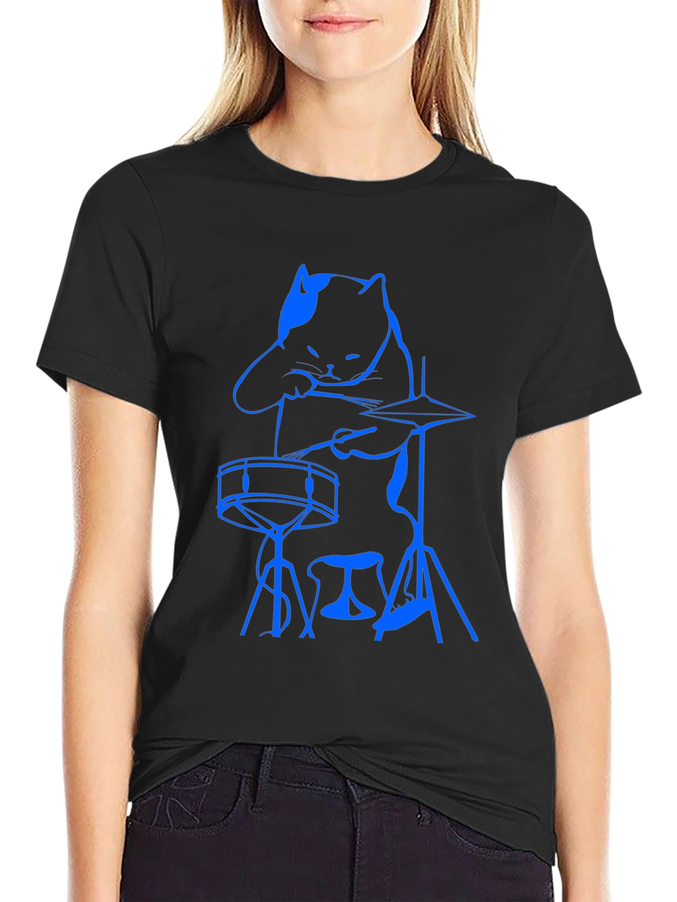 Cool Cat Drummer Graphic Tee - Black Cotton T-Shirt