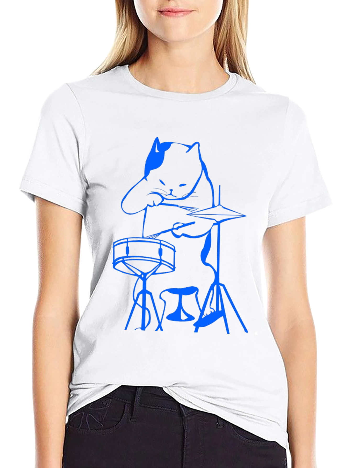 Cool Cat Drummer Graphic Tee - Black Cotton T-Shirt