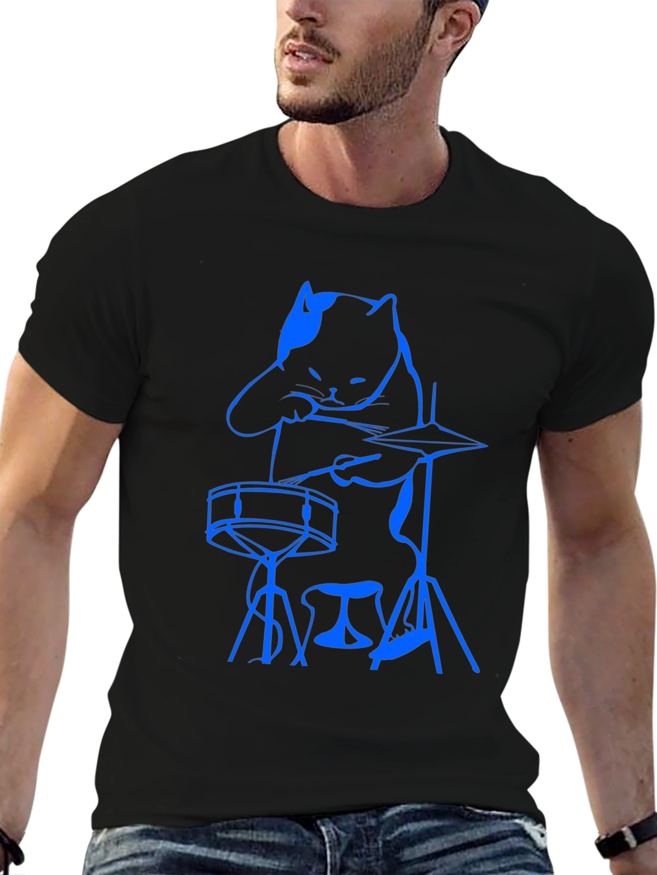 Cool Cat Drummer Graphic Tee - Black Cotton T-Shirt