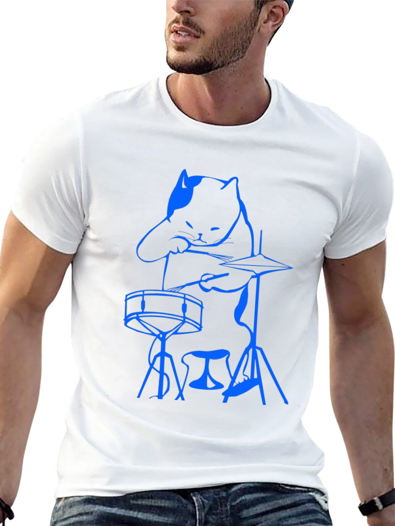 Cool Cat Drummer Graphic Tee - Black Cotton T-Shirt