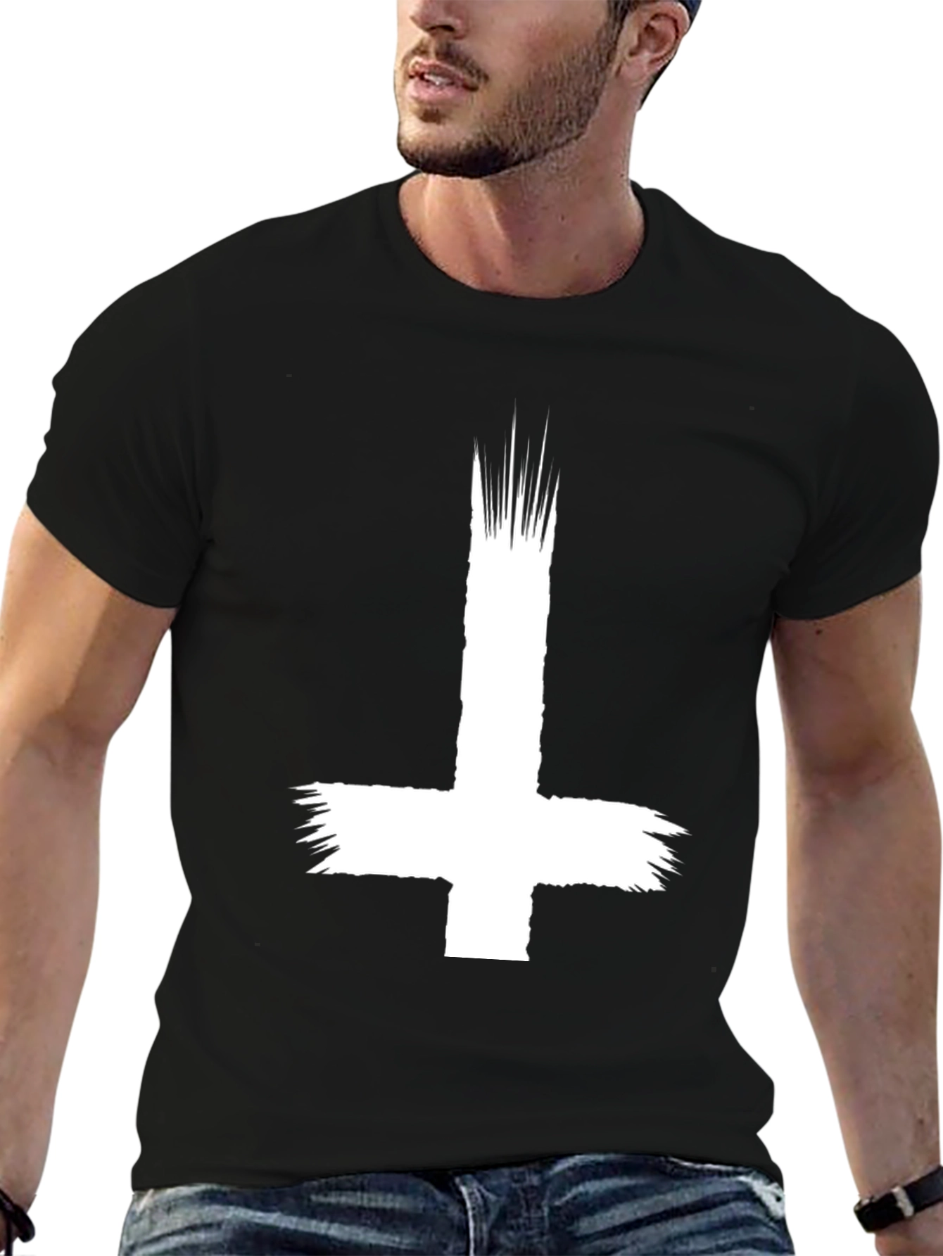Inverted Cross Graphic Tee - Black Cotton Shirt