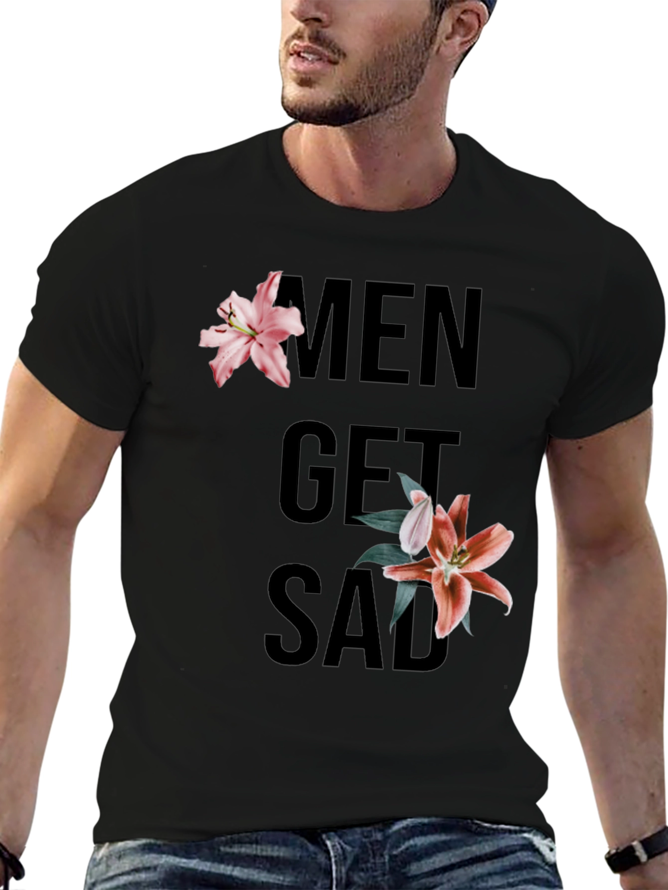 Men Get Sad Floral Black T-Shirt