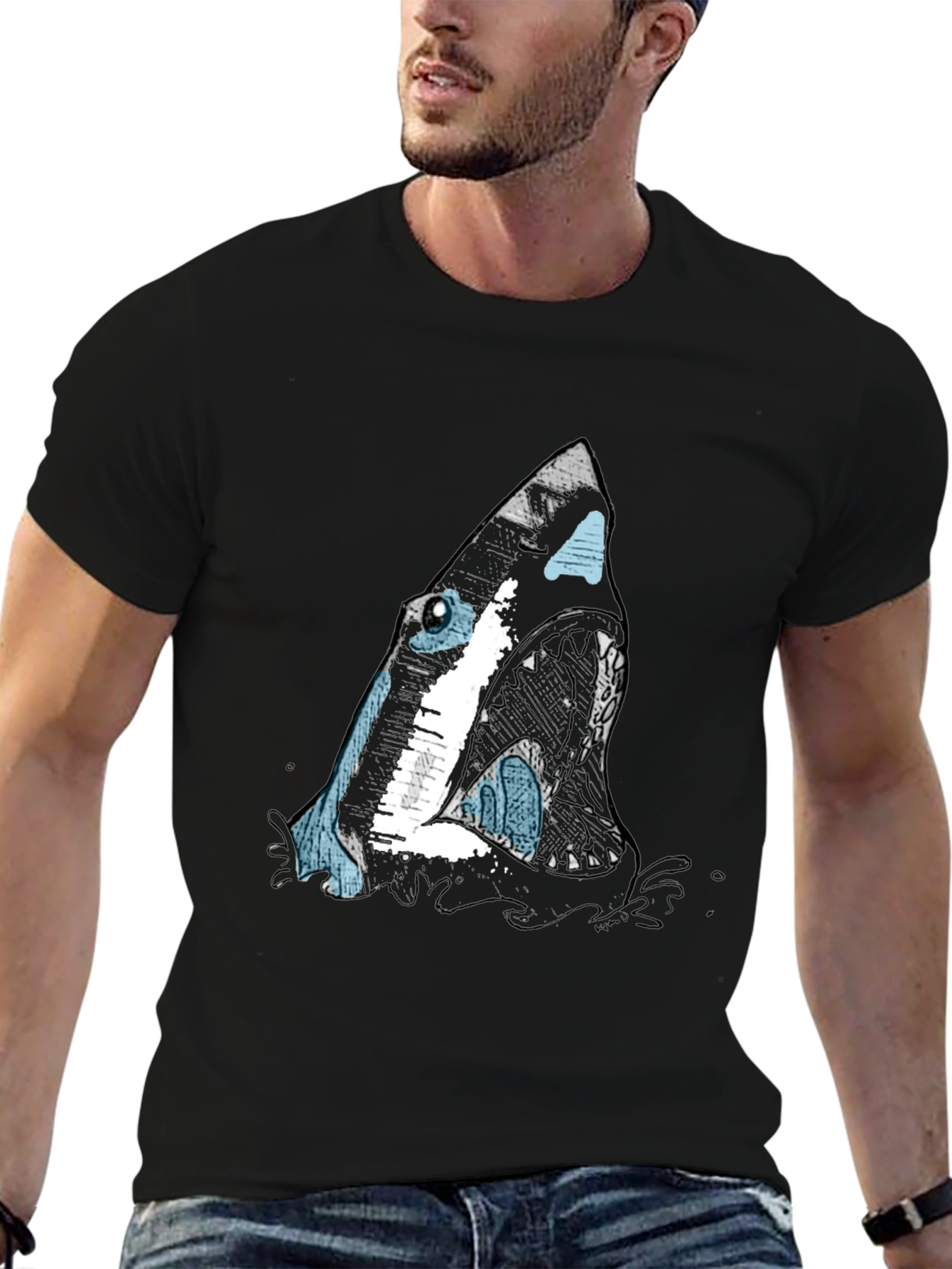 Shark Graphic Print Black T-Shirt for Men