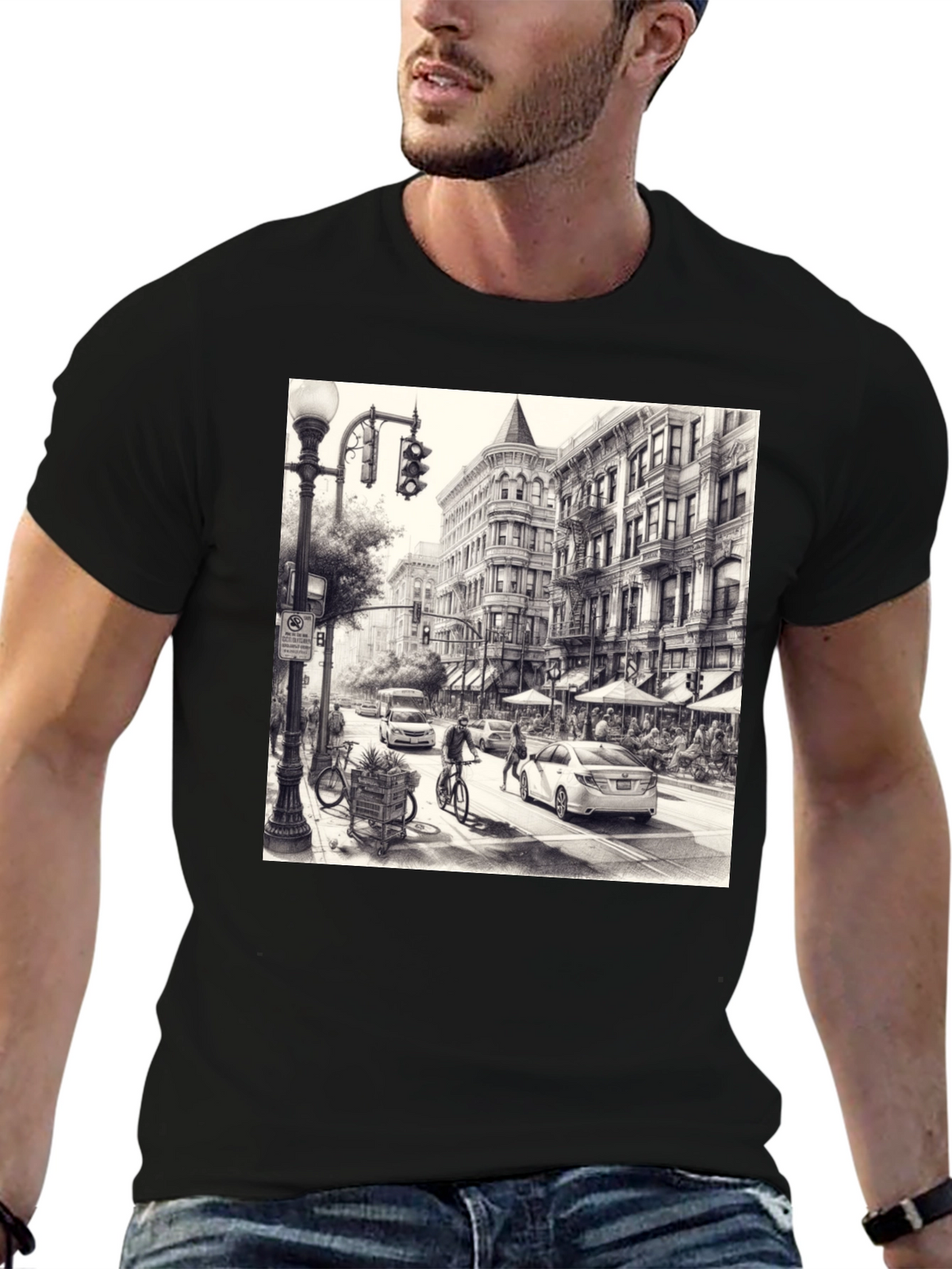 Urban Sketch Tee - Black Cotton Graphic T-Shirt