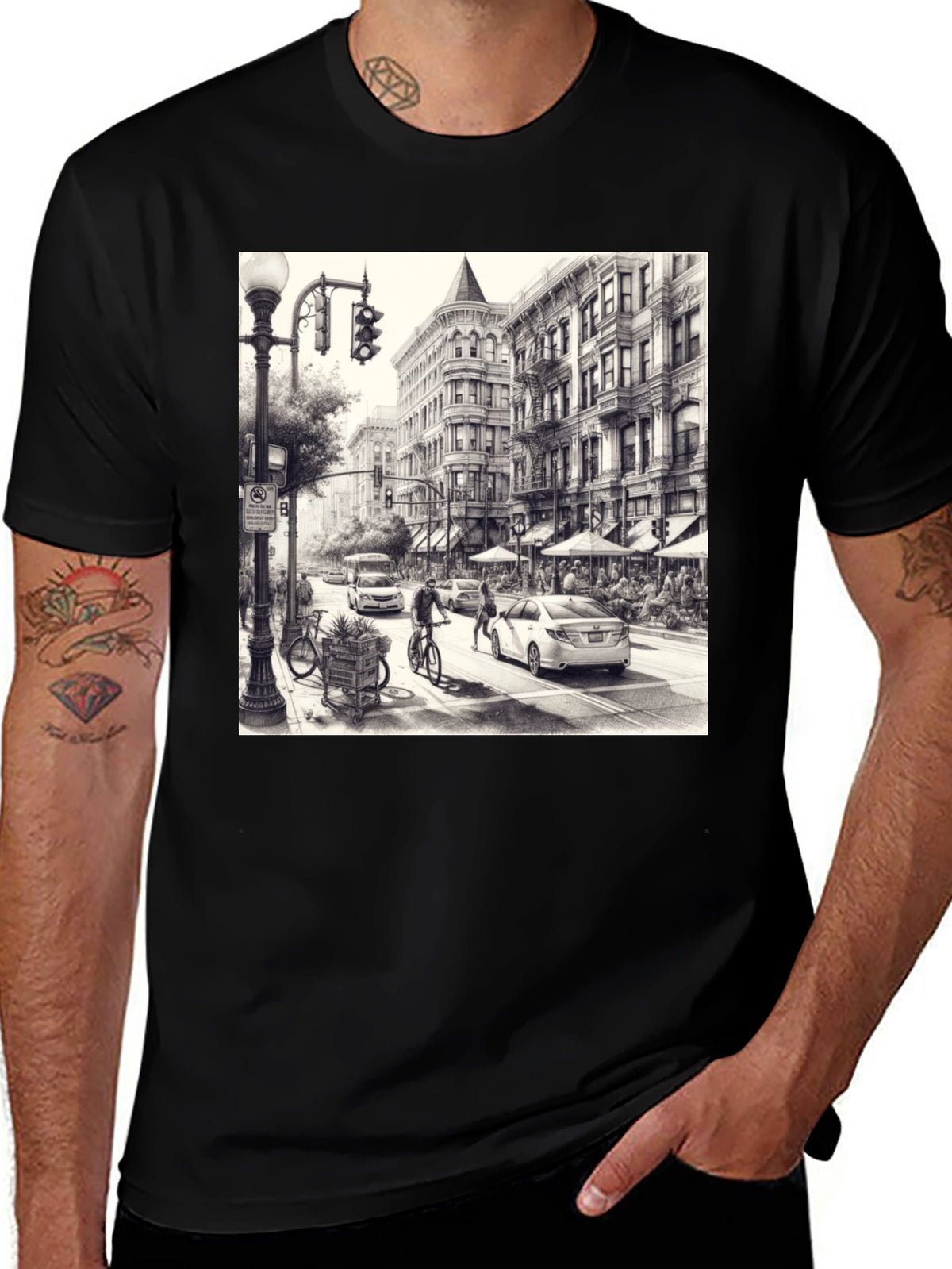 Urban Sketch Tee - Black Cotton Graphic T-Shirt
