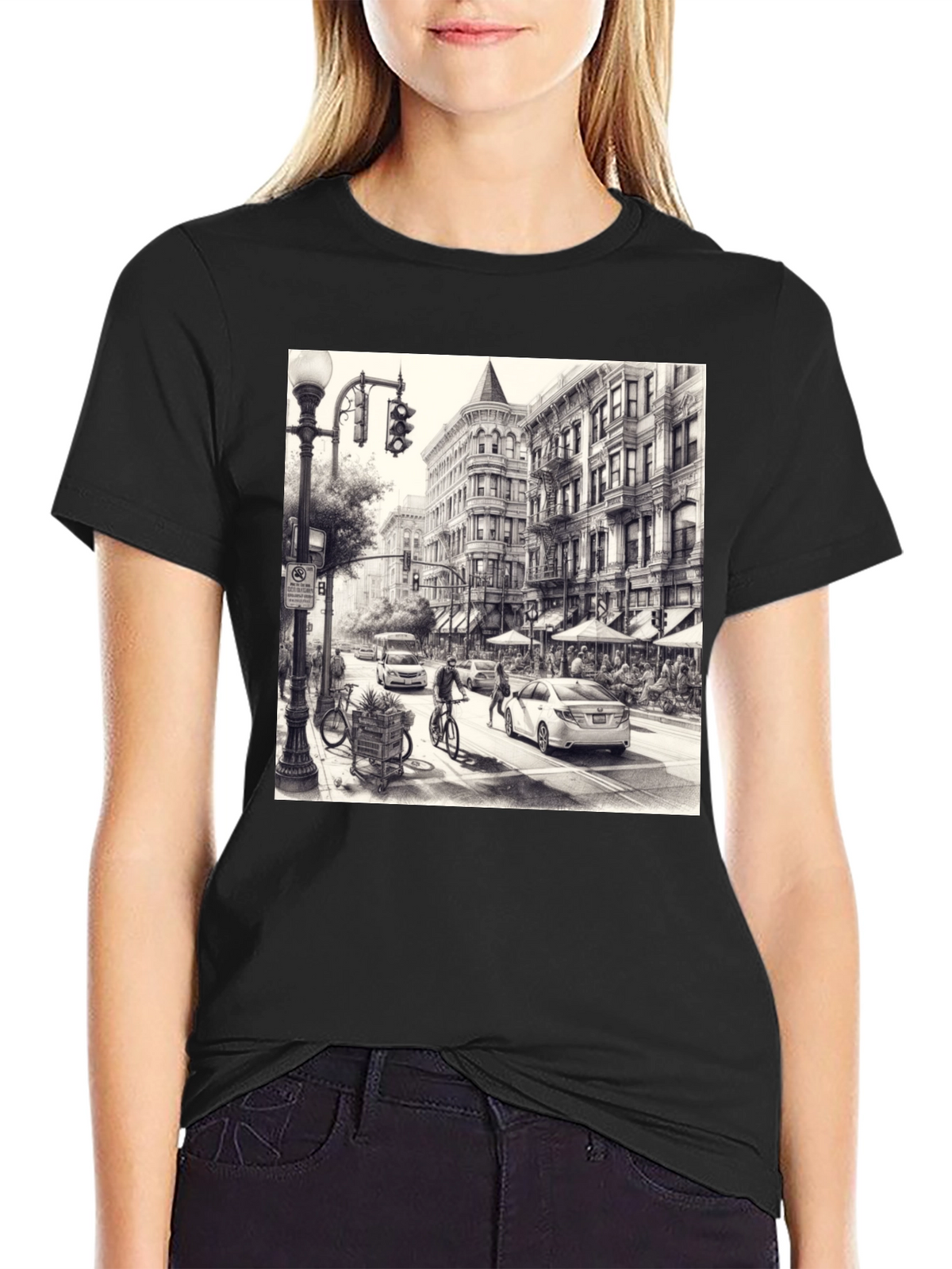 Urban Sketch Tee - Black Cotton Graphic T-Shirt