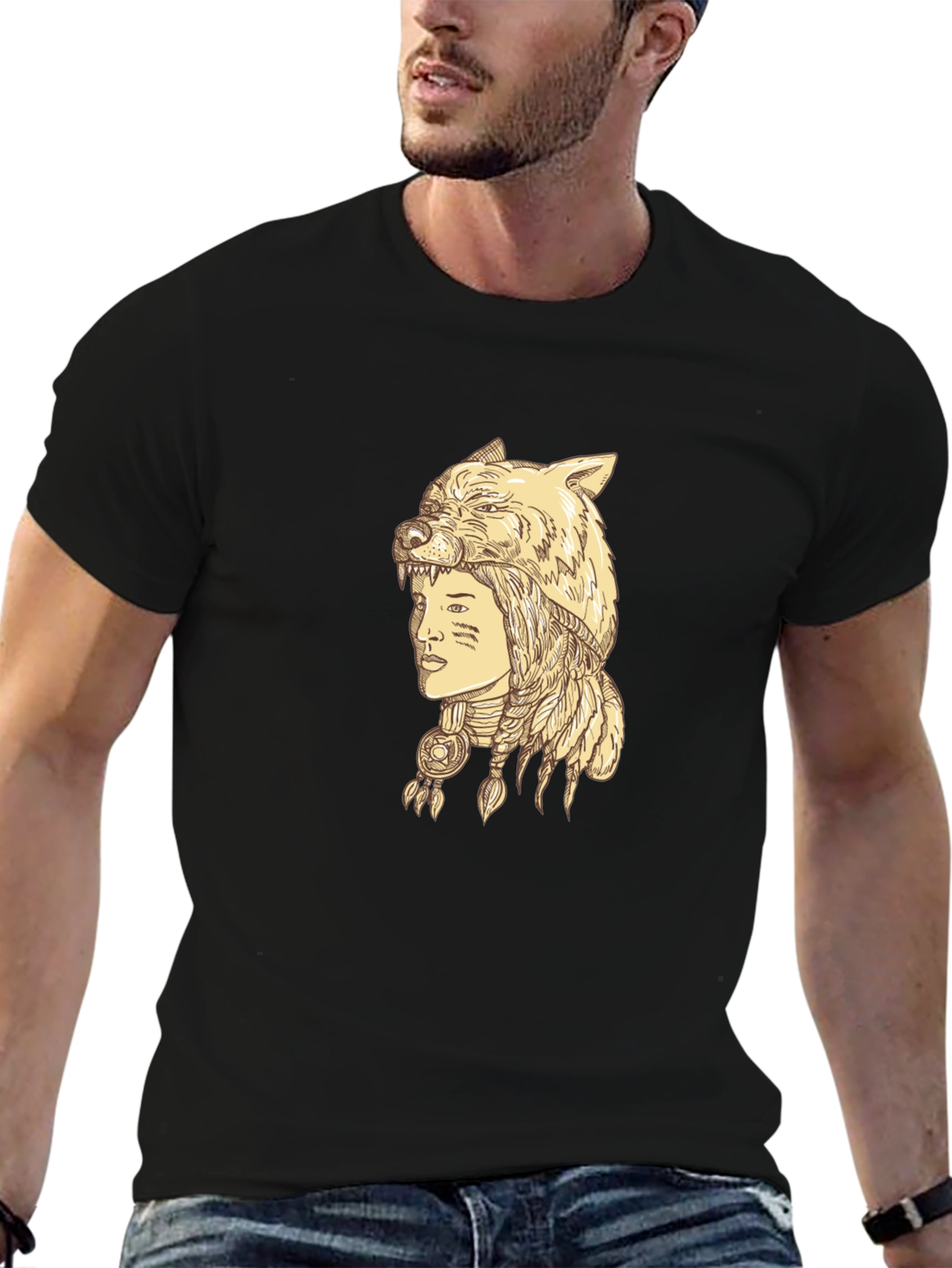 Wolf Headdress Graphic Tee - Unisex Black T-Shirt
