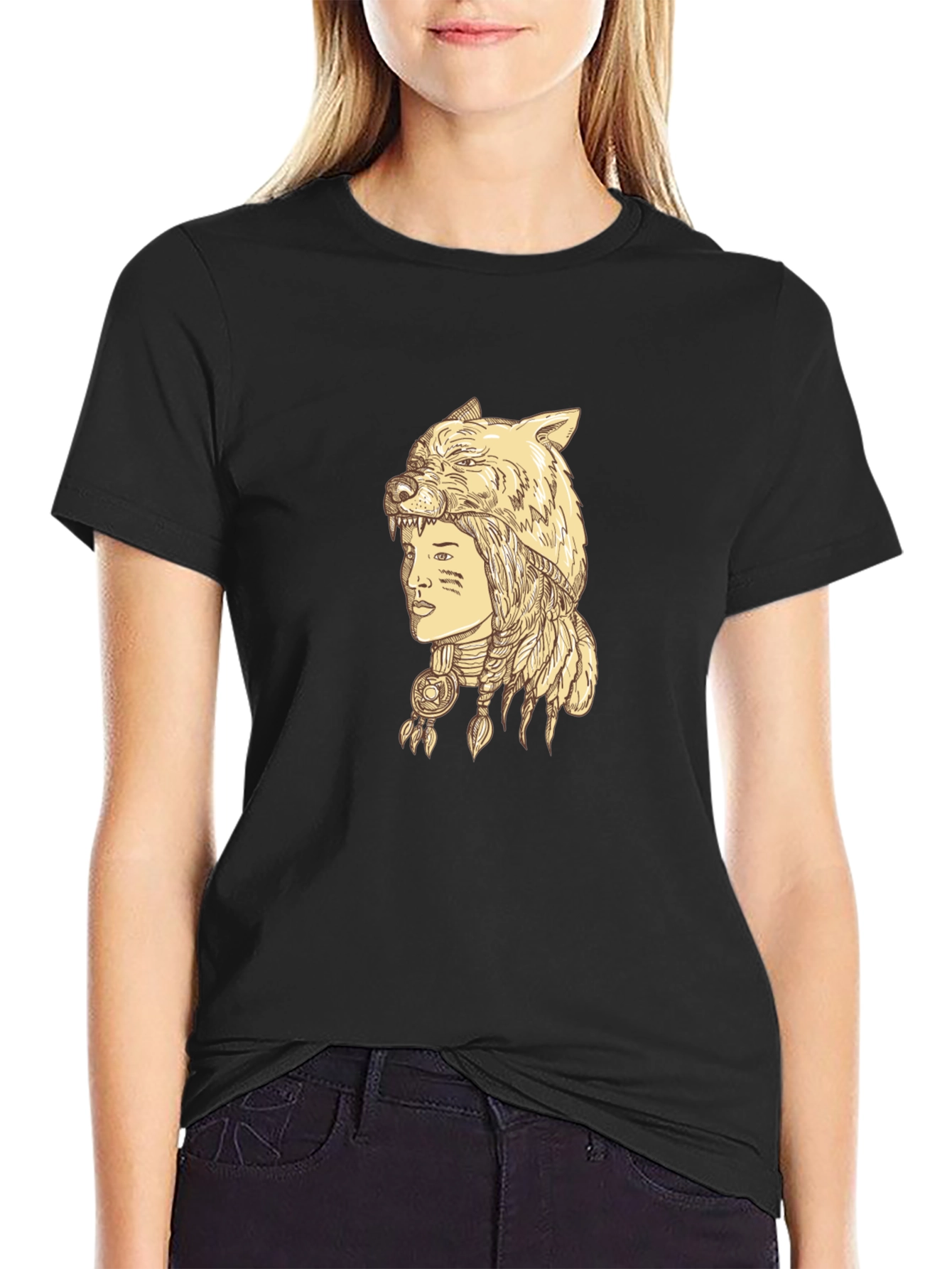 Wolf Headdress Graphic Tee - Unisex Black T-Shirt