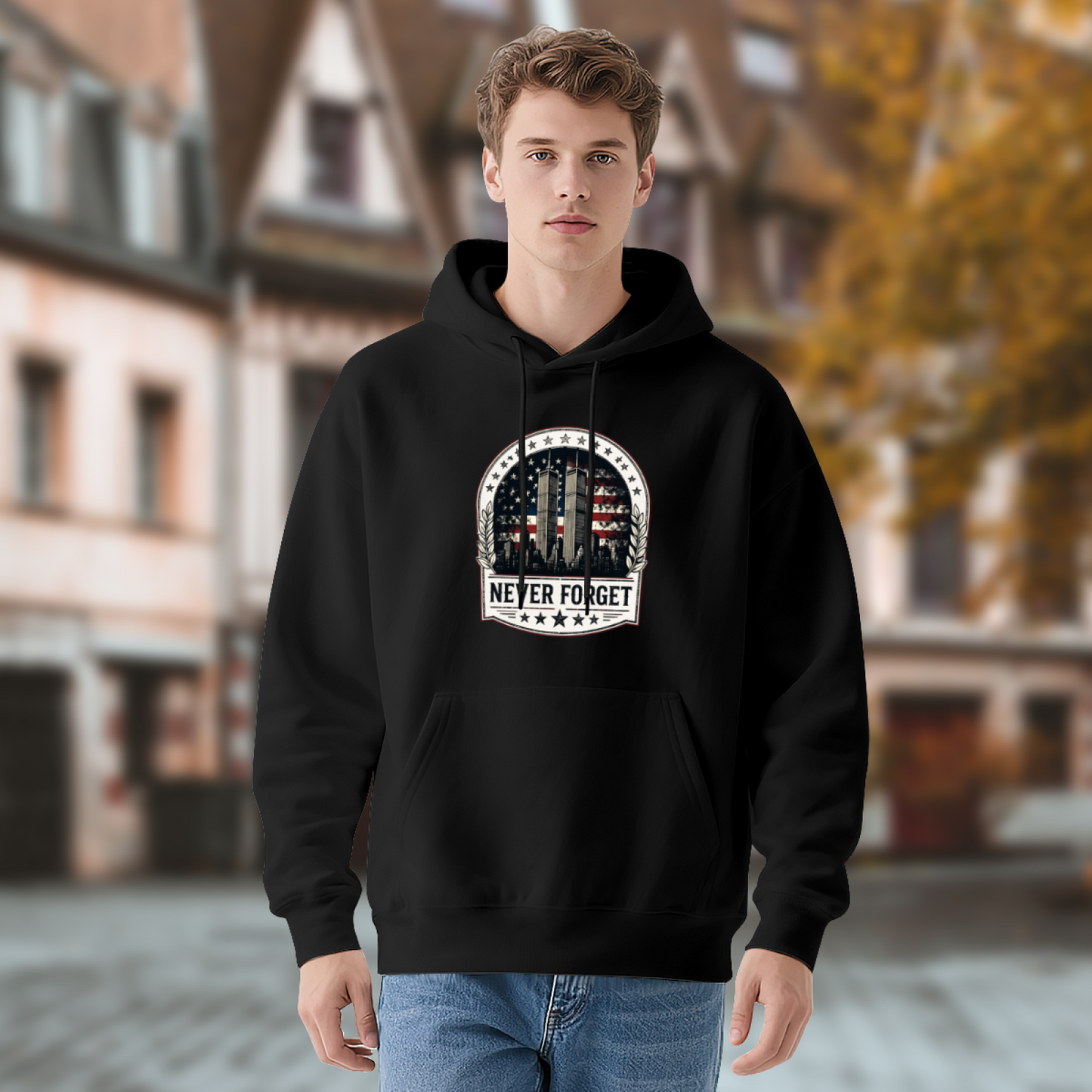 Retro Wreath Frame Twin Towers Never Forget 9?11 Hoodie