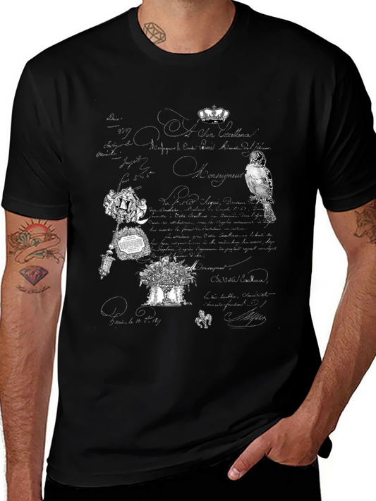 Black T-Shirt with Vintage Crown & Floral Print