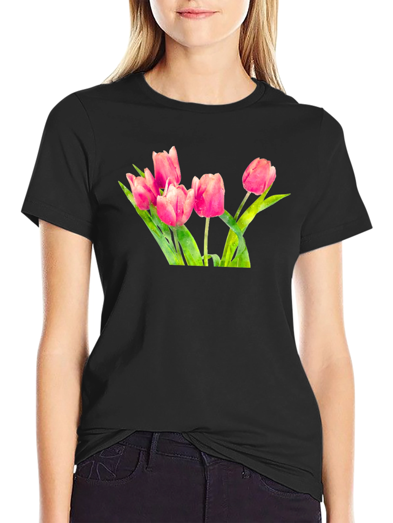 Tulip Print Black T-Shirt