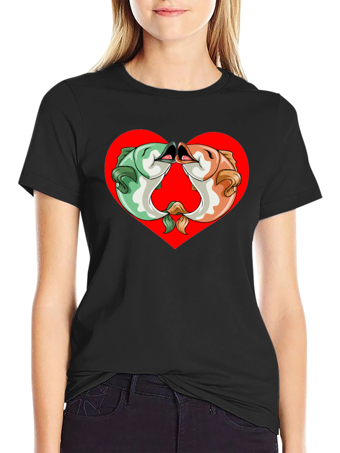 Fish Kissing Graphic Black T-Shirt