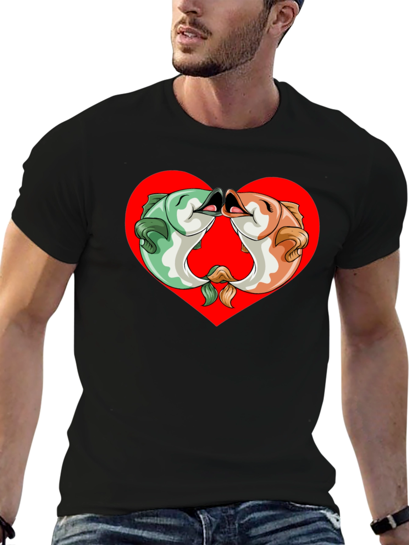 Fish Kissing Graphic Black T-Shirt