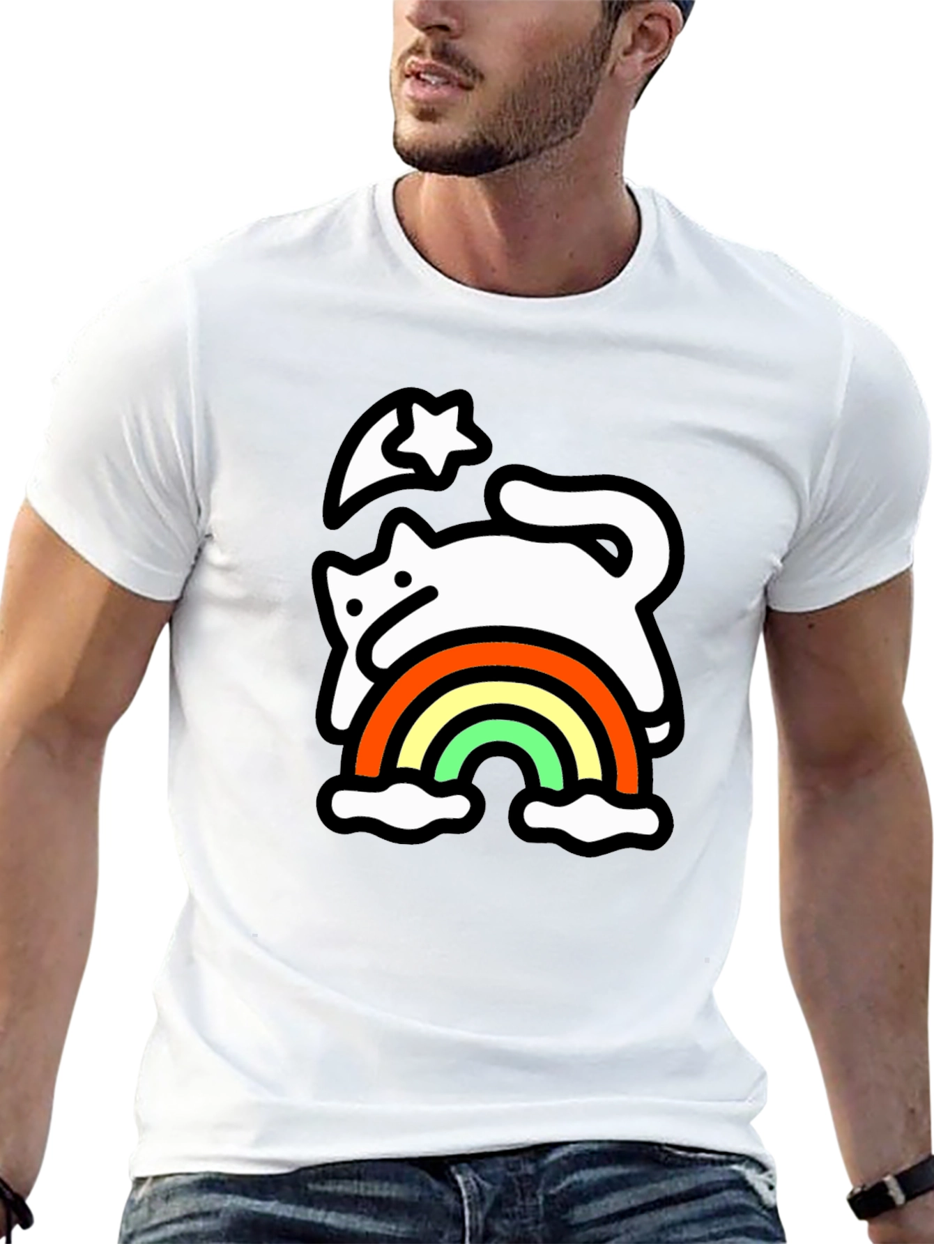 Rainbow Cat Black T-Shirt - Whimsical & Fun
