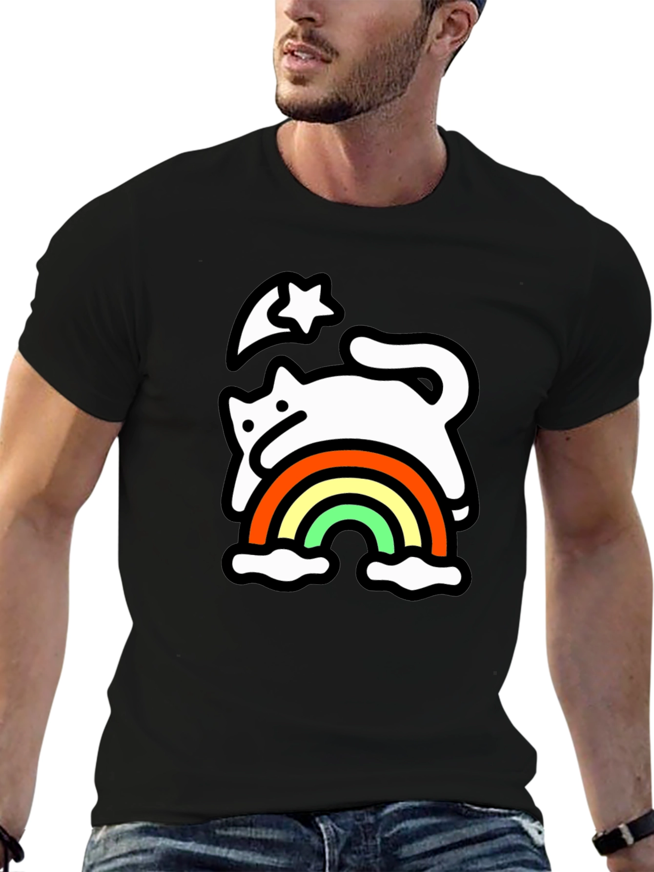 Rainbow Cat Black T-Shirt - Whimsical & Fun