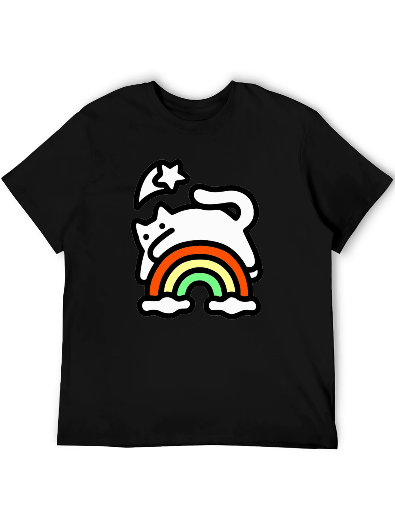 Rainbow Cat Black T-Shirt - Whimsical & Fun
