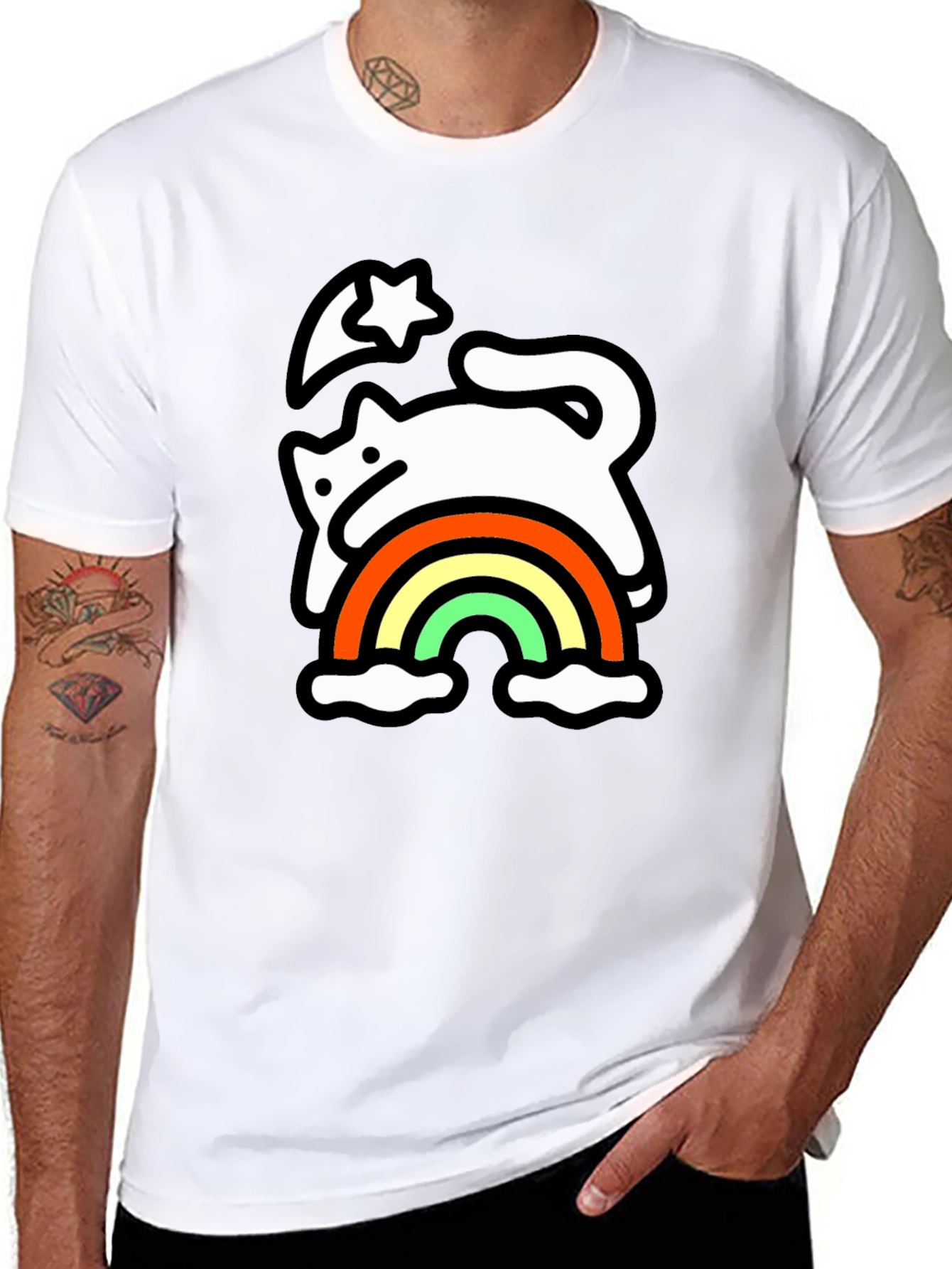 Rainbow Cat Black T-Shirt - Whimsical & Fun