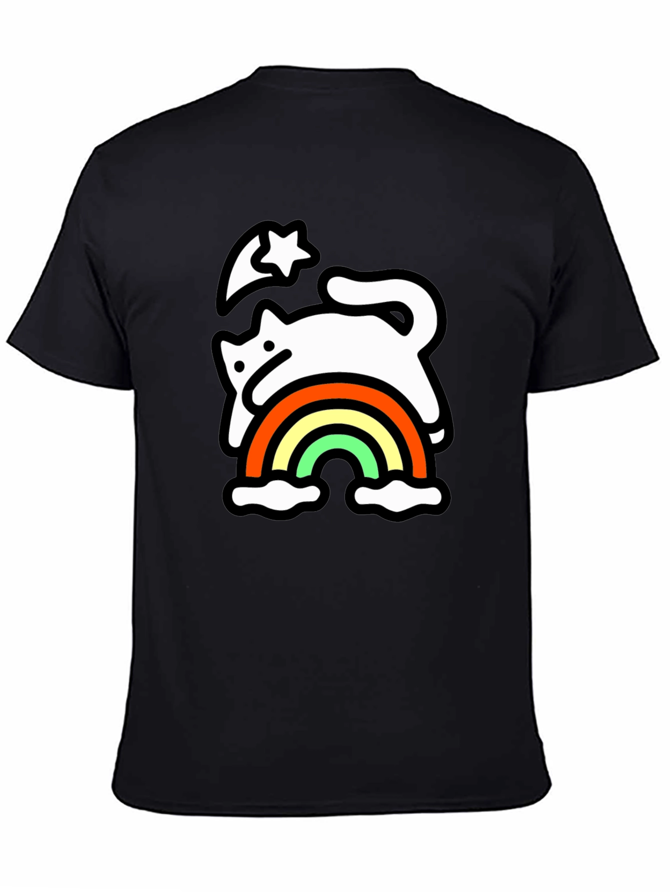 Rainbow Cat Black T-Shirt - Whimsical & Fun