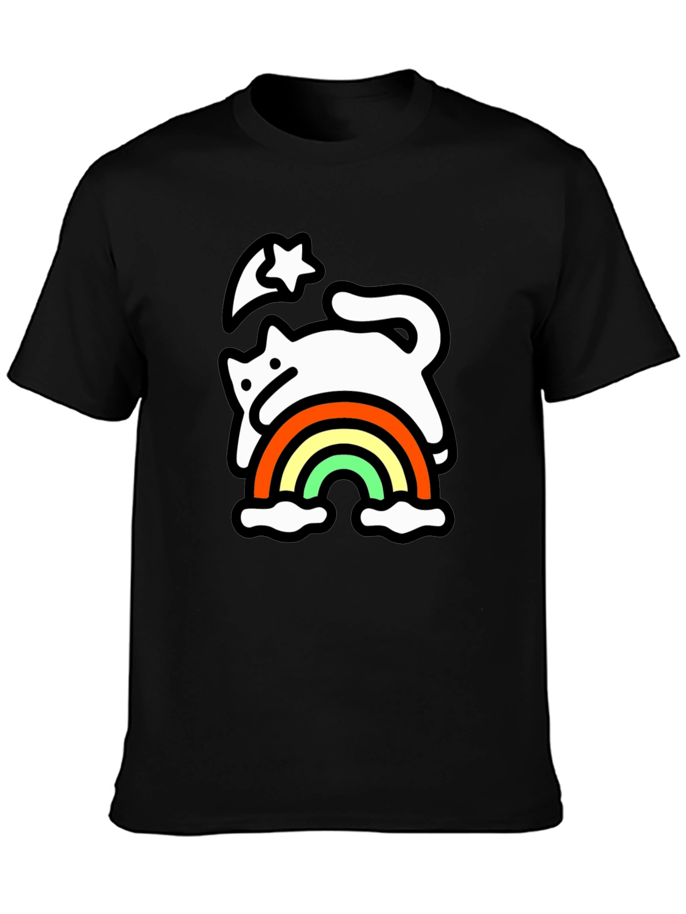 Rainbow Cat Black T-Shirt - Whimsical & Fun