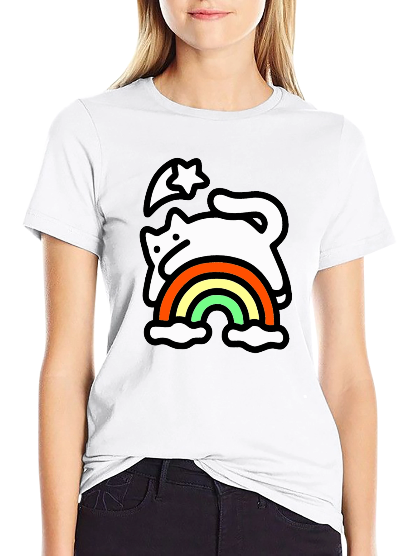 Rainbow Cat Black T-Shirt - Whimsical & Fun