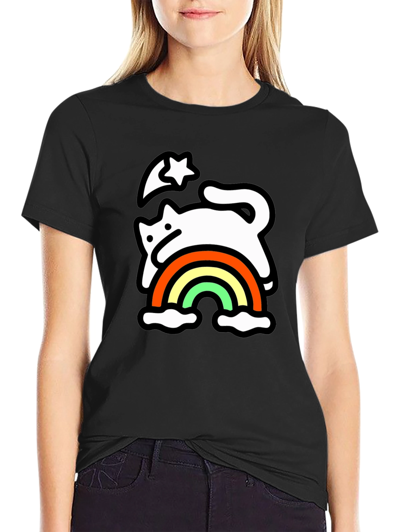 Rainbow Cat Black T-Shirt - Whimsical & Fun