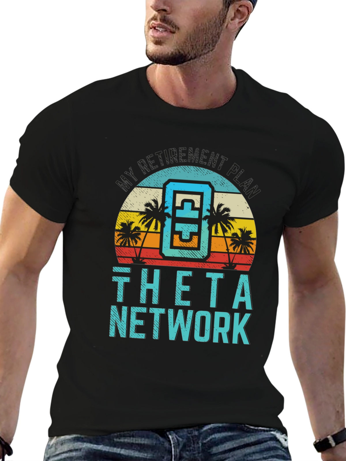Theta Network Black T-Shirt Beach Sunset Design