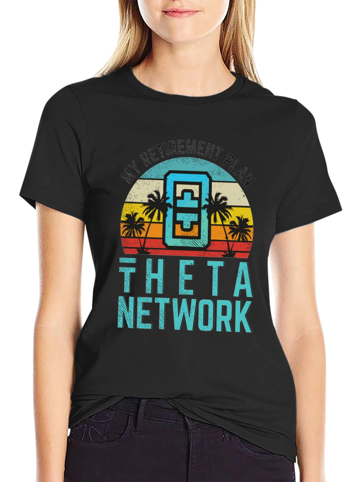 Theta Network Black T-Shirt Beach Sunset Design