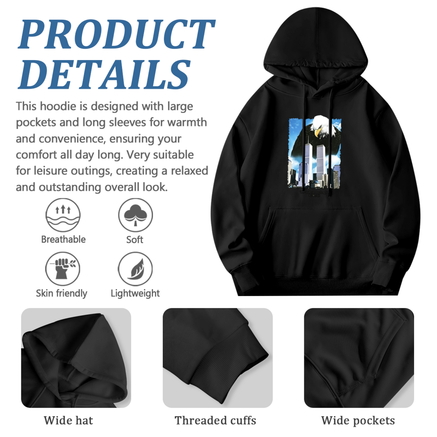 Bald Eagle & Twin Towers 9/11 Remembrance Patriotic Graphic Hoodie