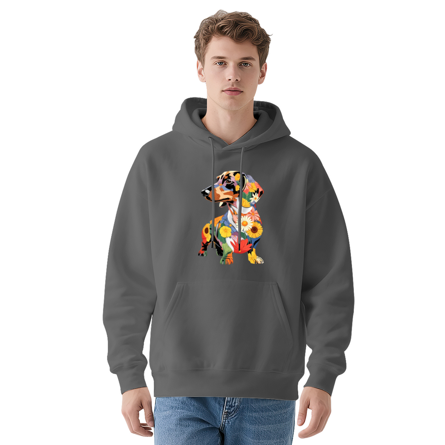 Colorful Floral Dachshund Art Graphic Casual Pullover Hoodie