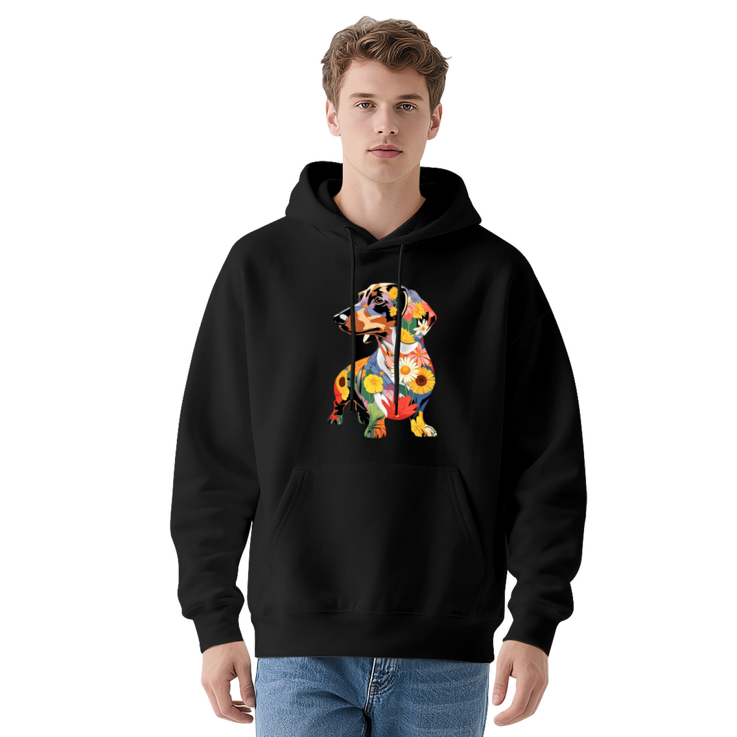 Colorful Floral Dachshund Art Graphic Casual Pullover Hoodie