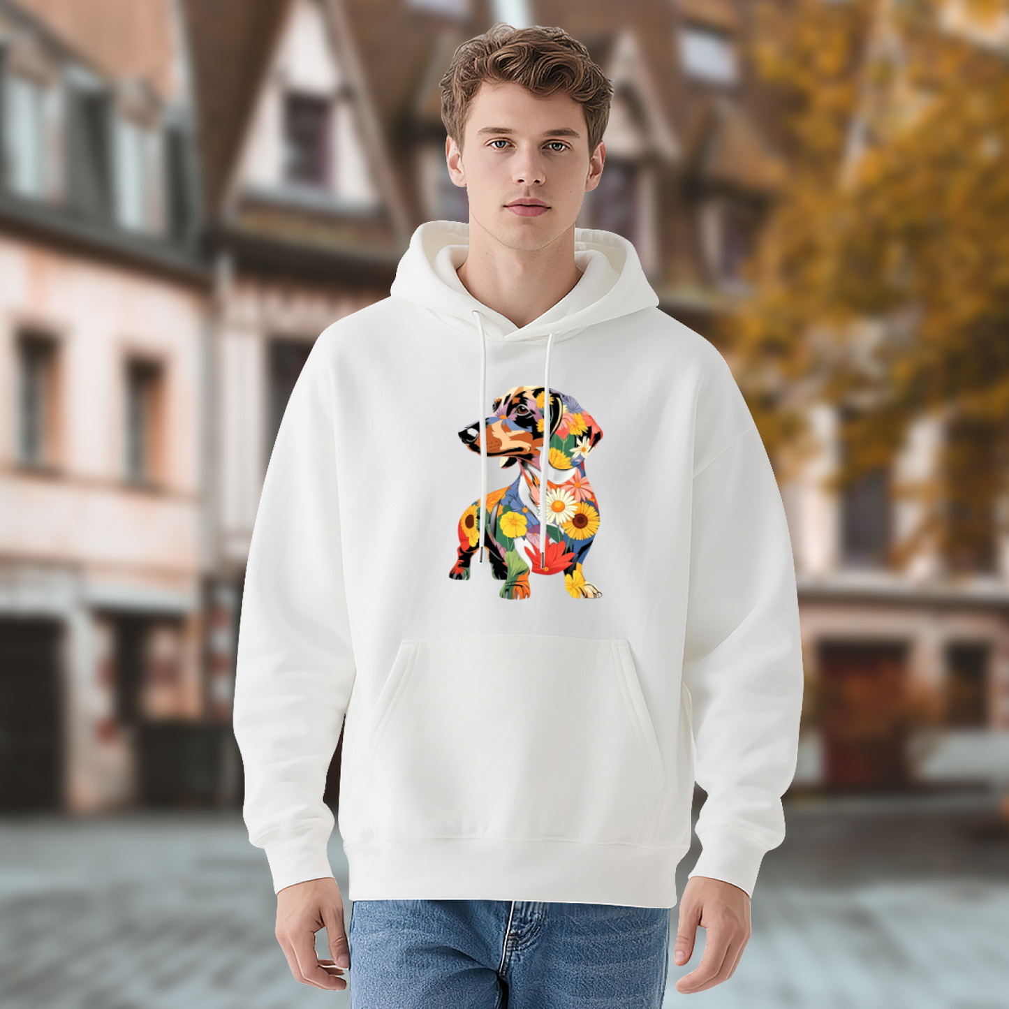 Colorful Floral Dachshund Art Graphic Casual Pullover Hoodie