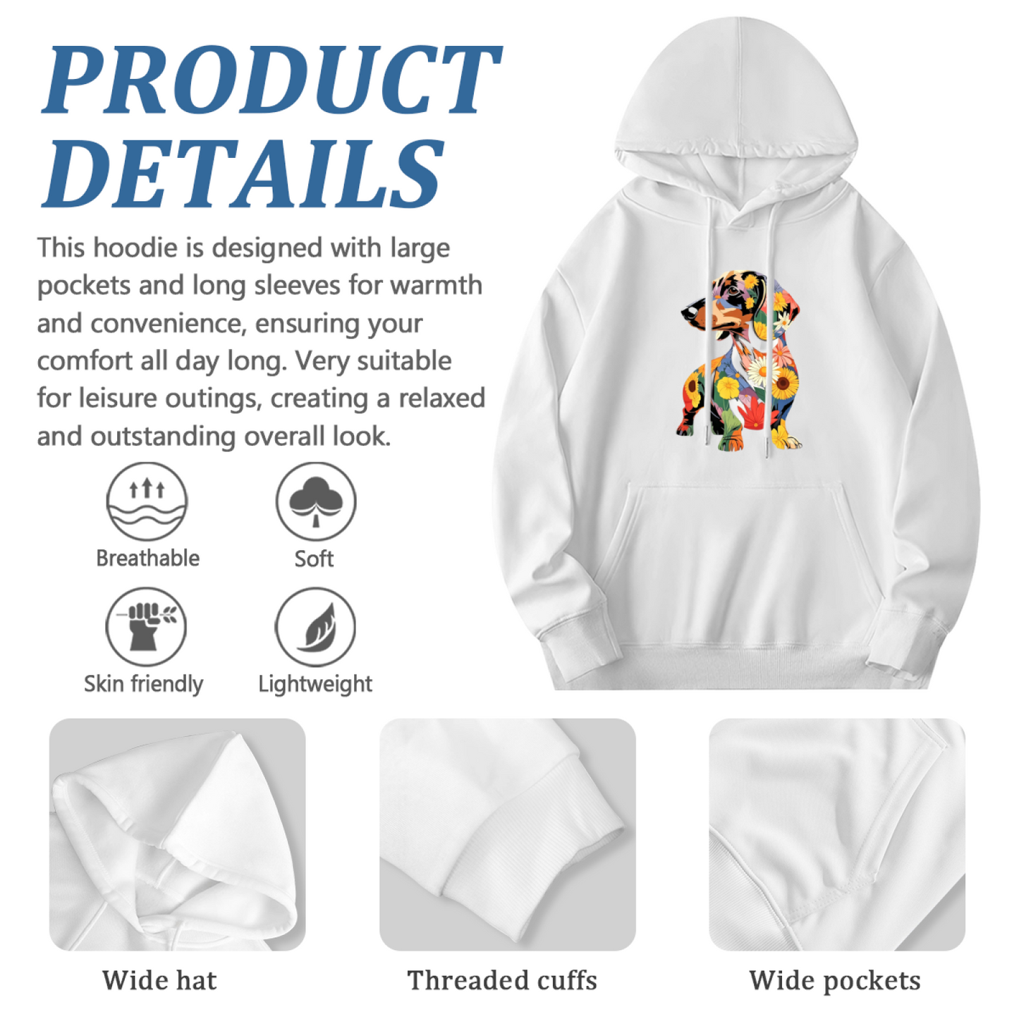 Colorful Floral Dachshund Art Graphic Casual Pullover Hoodie