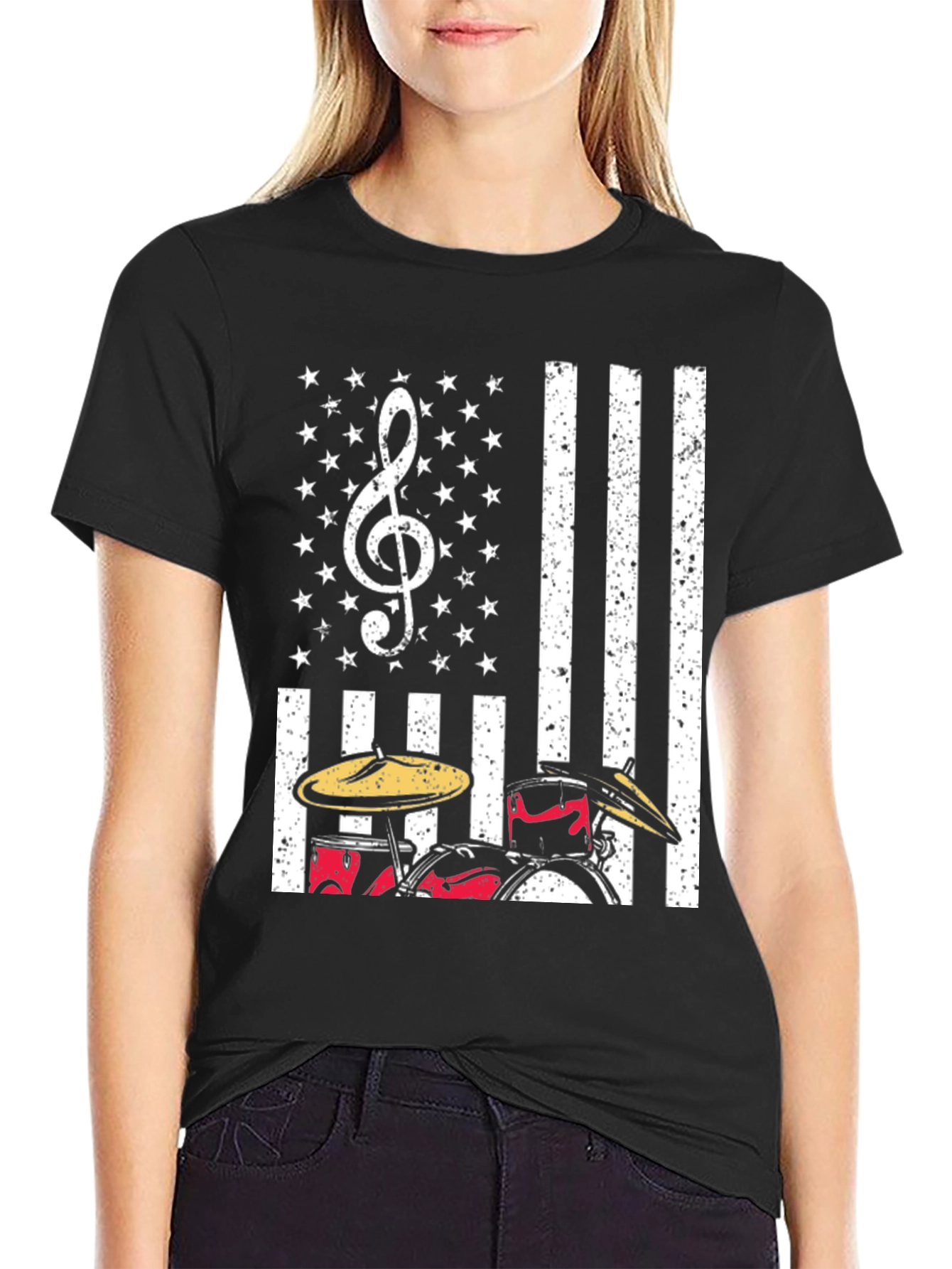Drum Set USA Flag T-Shirt: Patriotic Music Tee